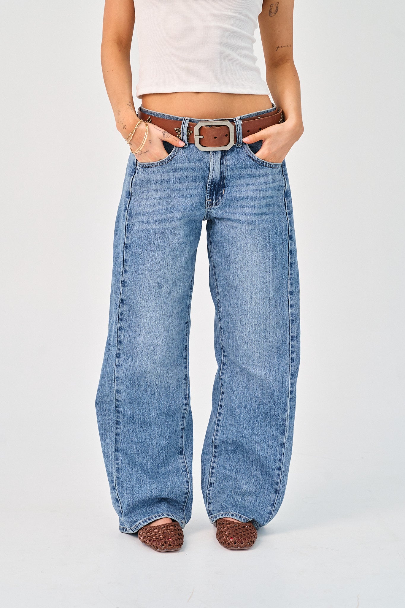 medium denim low rise jeans