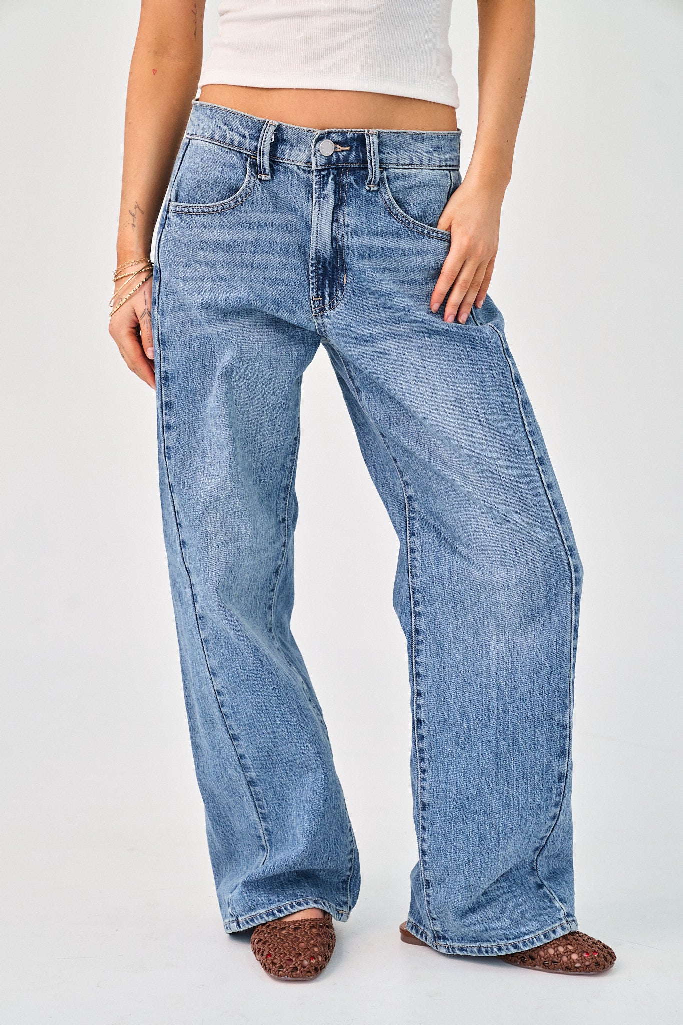medium denim low rise jeans