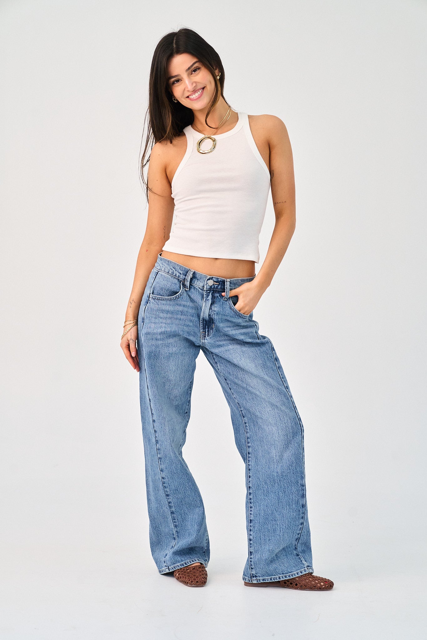 medium denim low rise jeans