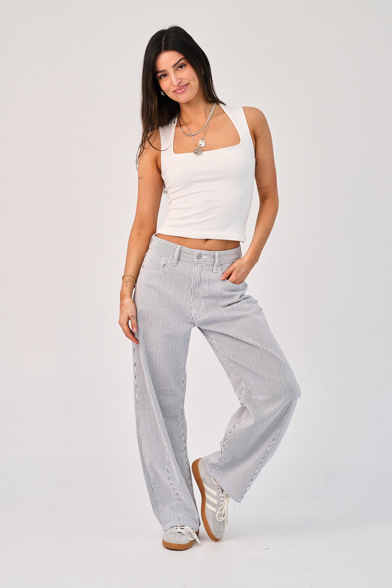 striped barrel leg jeans