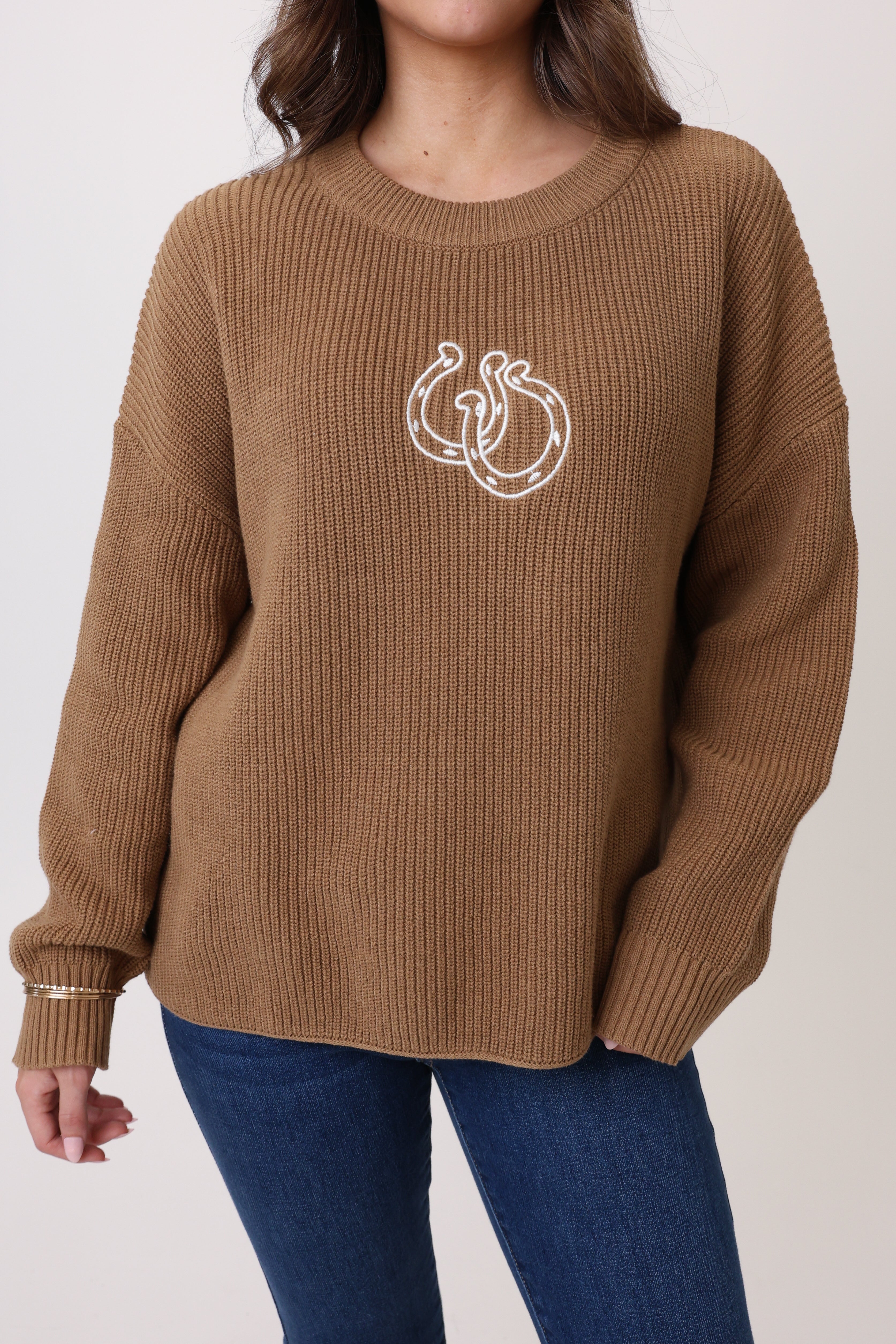 Brown sweater with a logo worn by a person on a plain background