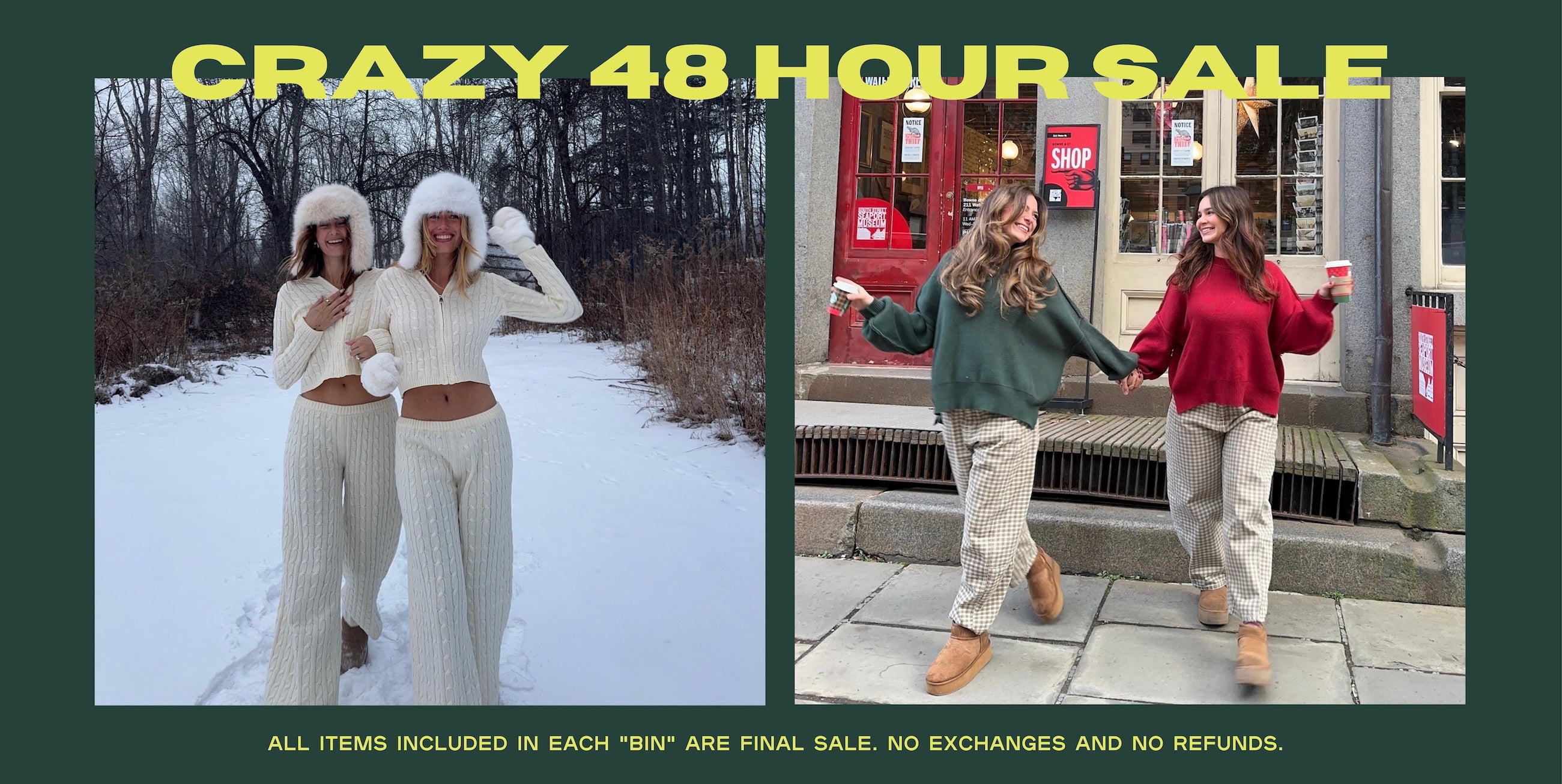 Two people in winter clothing outdoors with a 'Crazy 48 Hour Sale' text overlay.