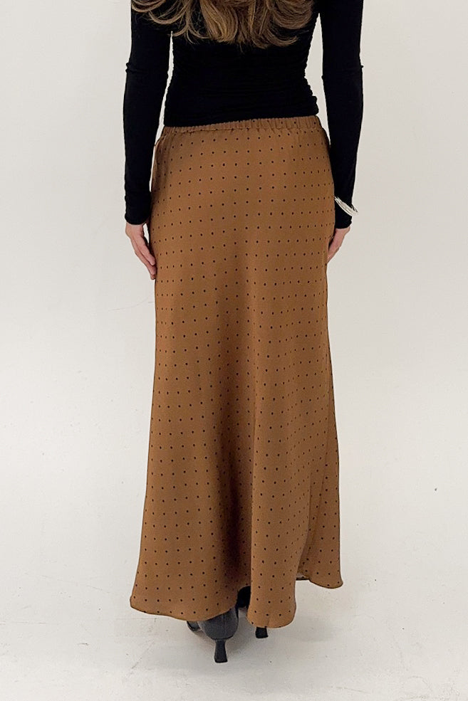 Person wearing a long brown skirt with a white background