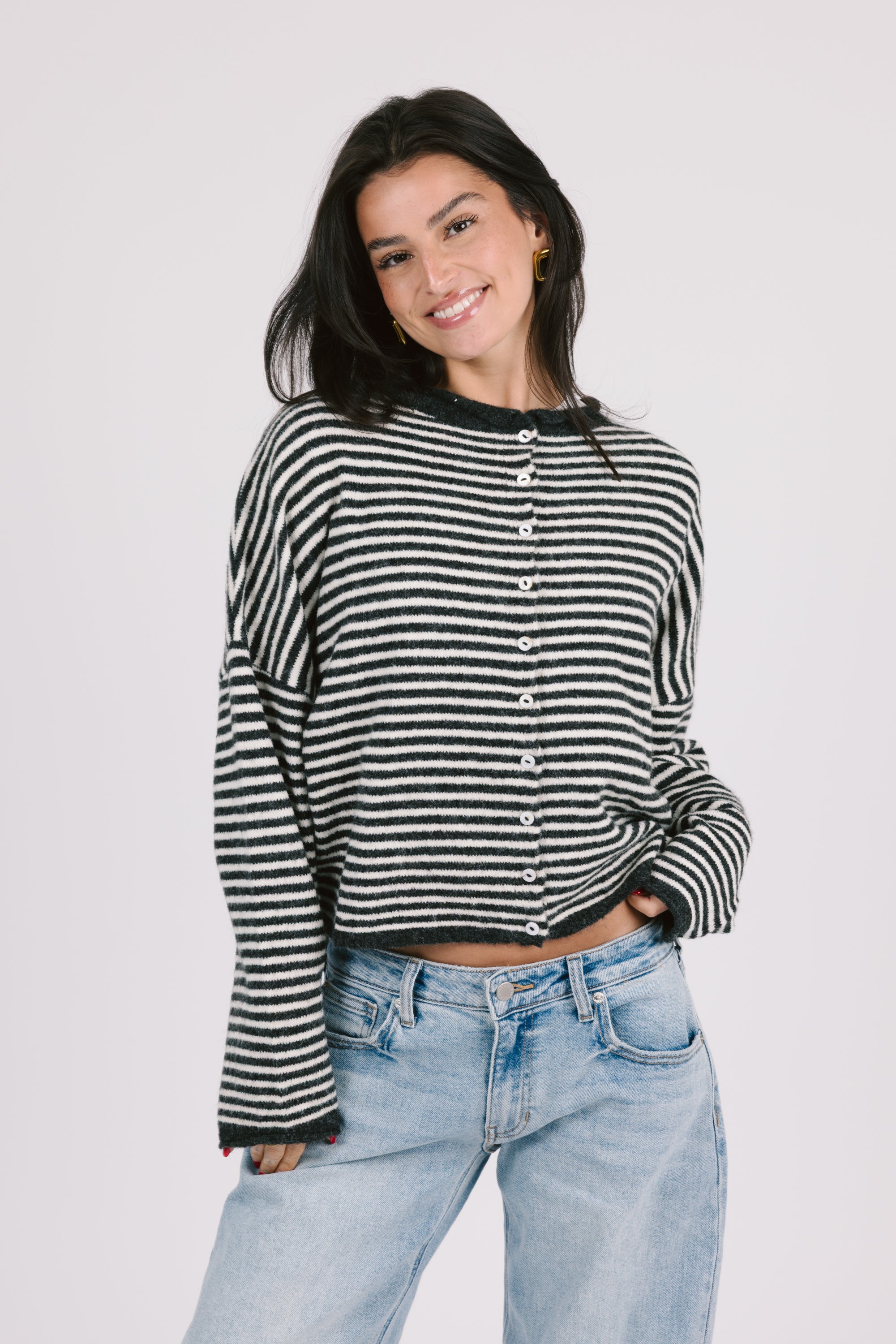 Phoebe Cardigan in Charcoal/White Stripe