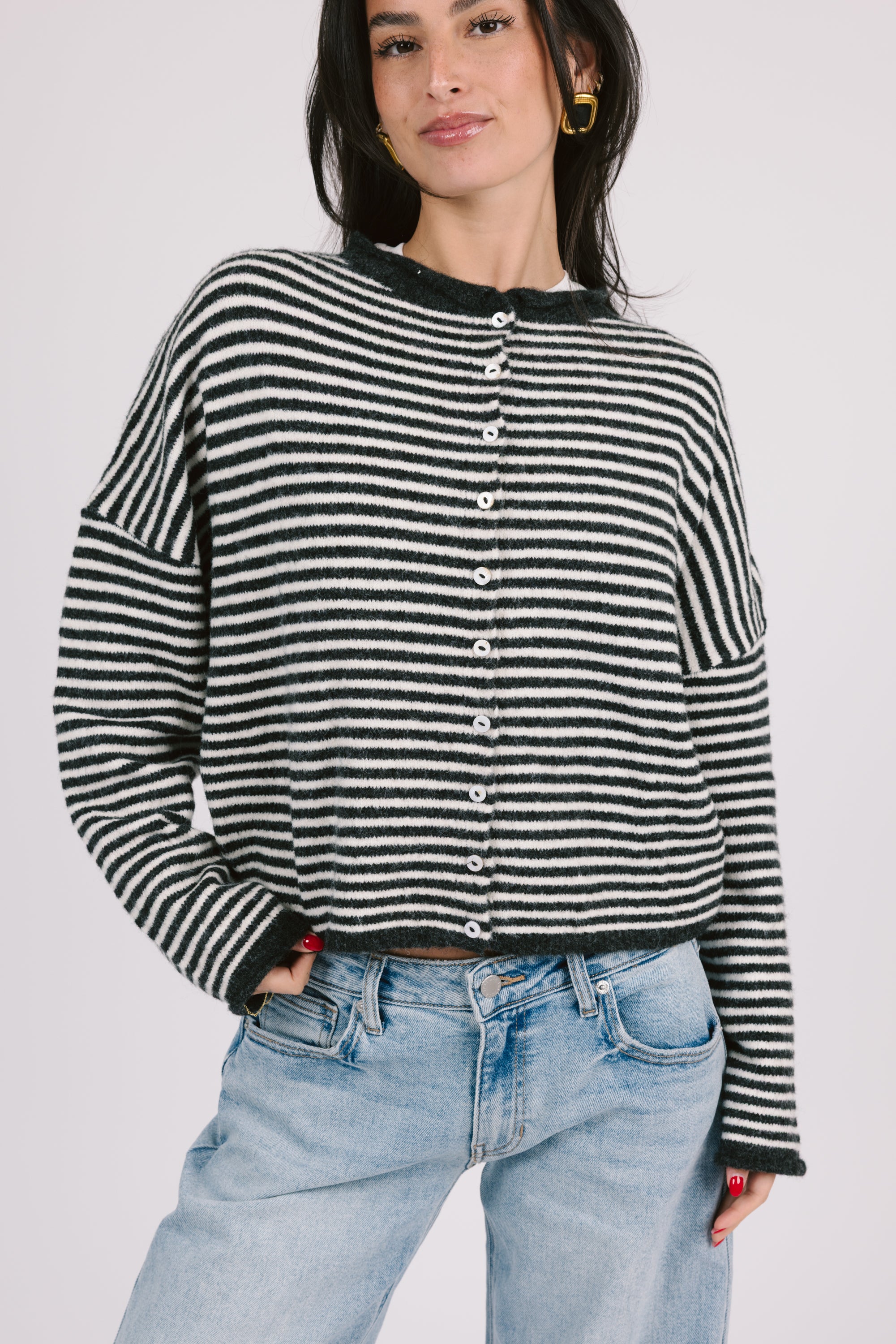 Phoebe Cardigan in Charcoal/White Stripe