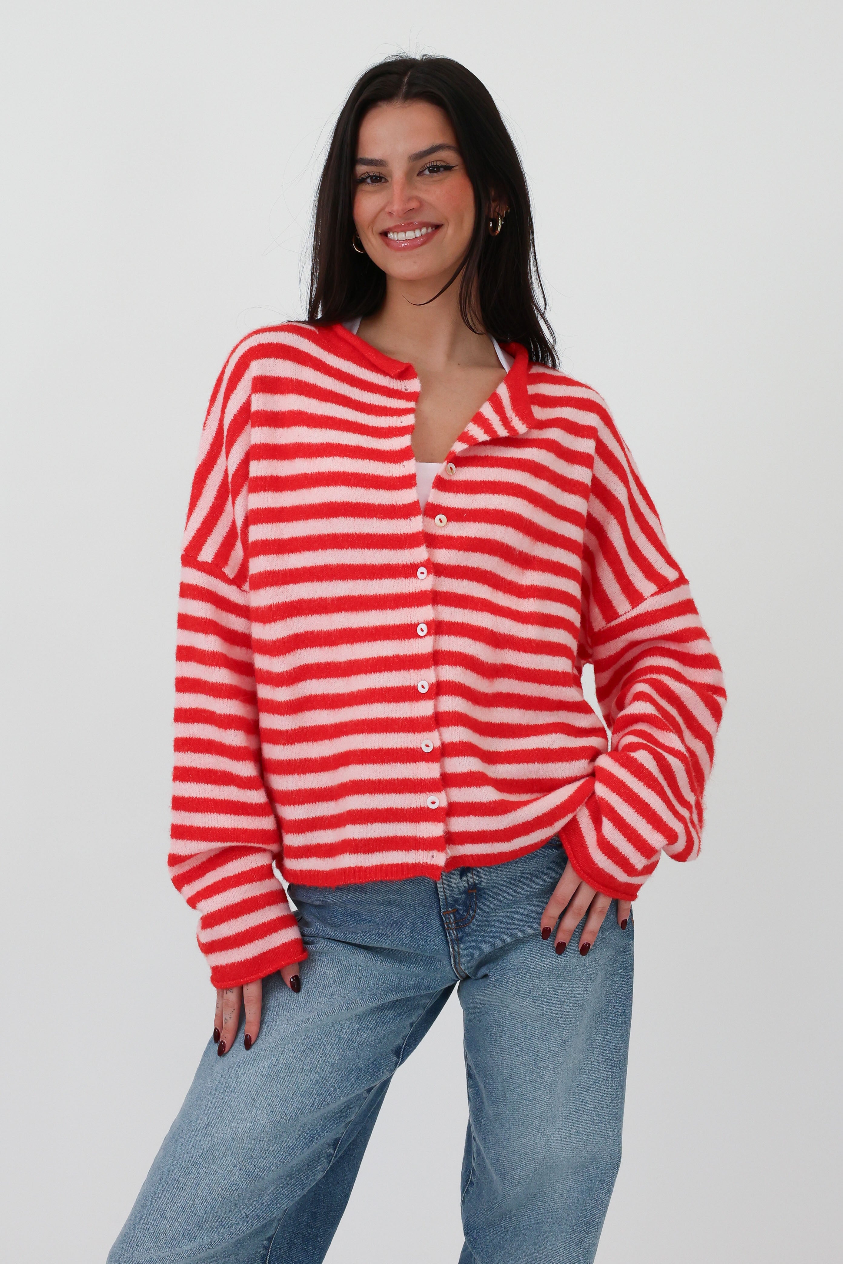 Phoebe Cardigan in Pink/Red Stripe