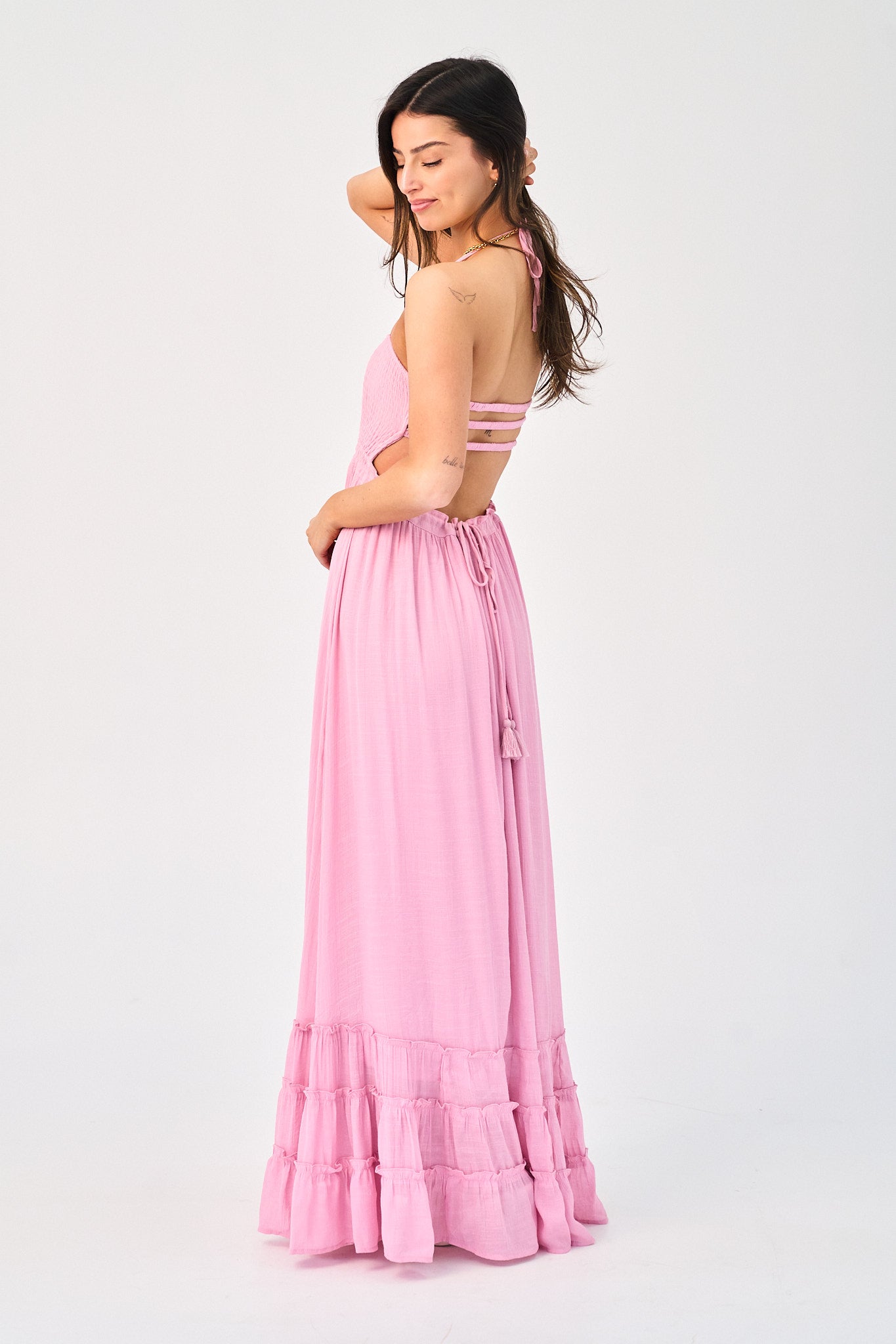 side view of pink maxi dress