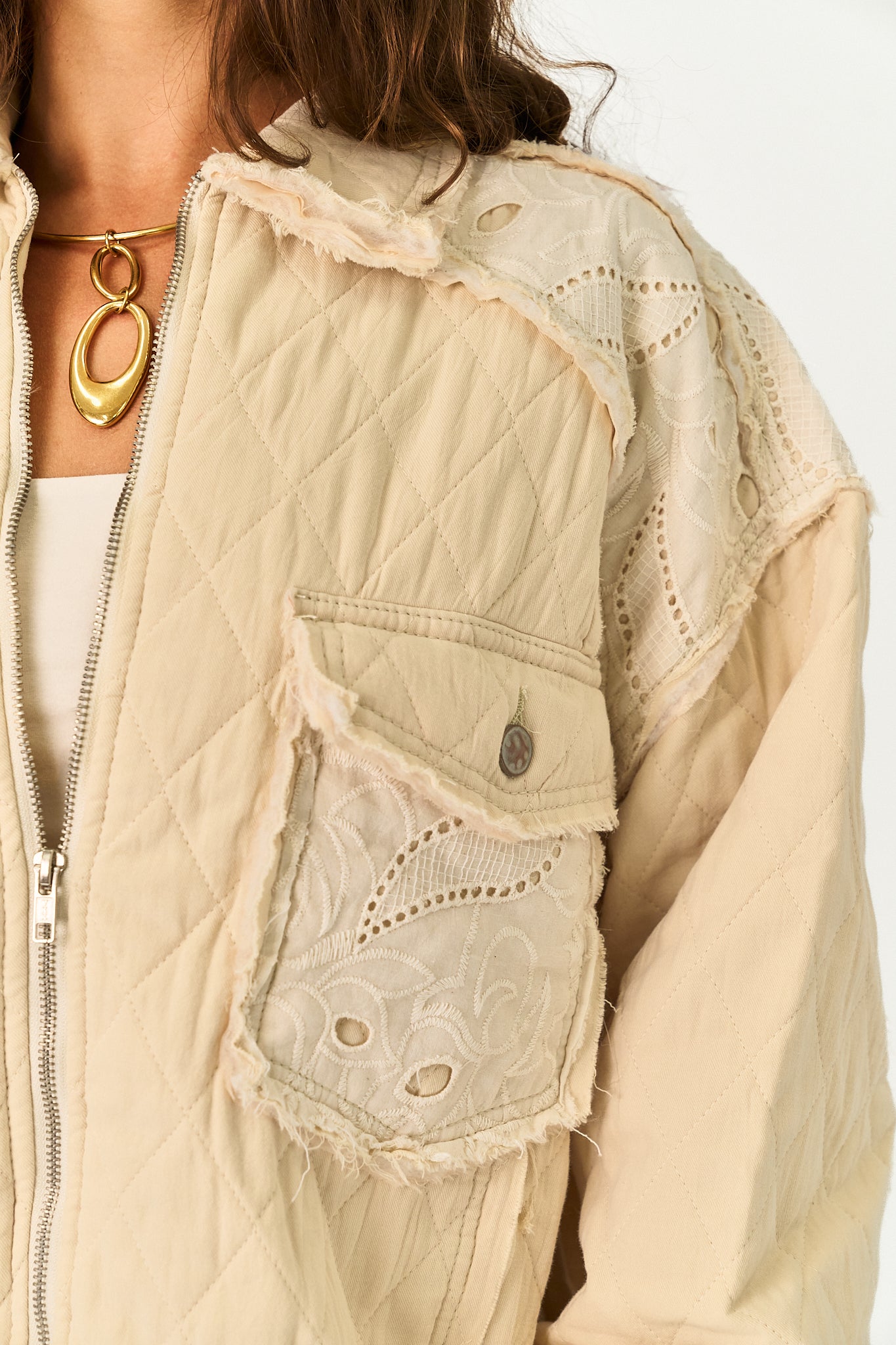 Close-up of a cream-colored quilted jacket with lace applique details, worn by a model.