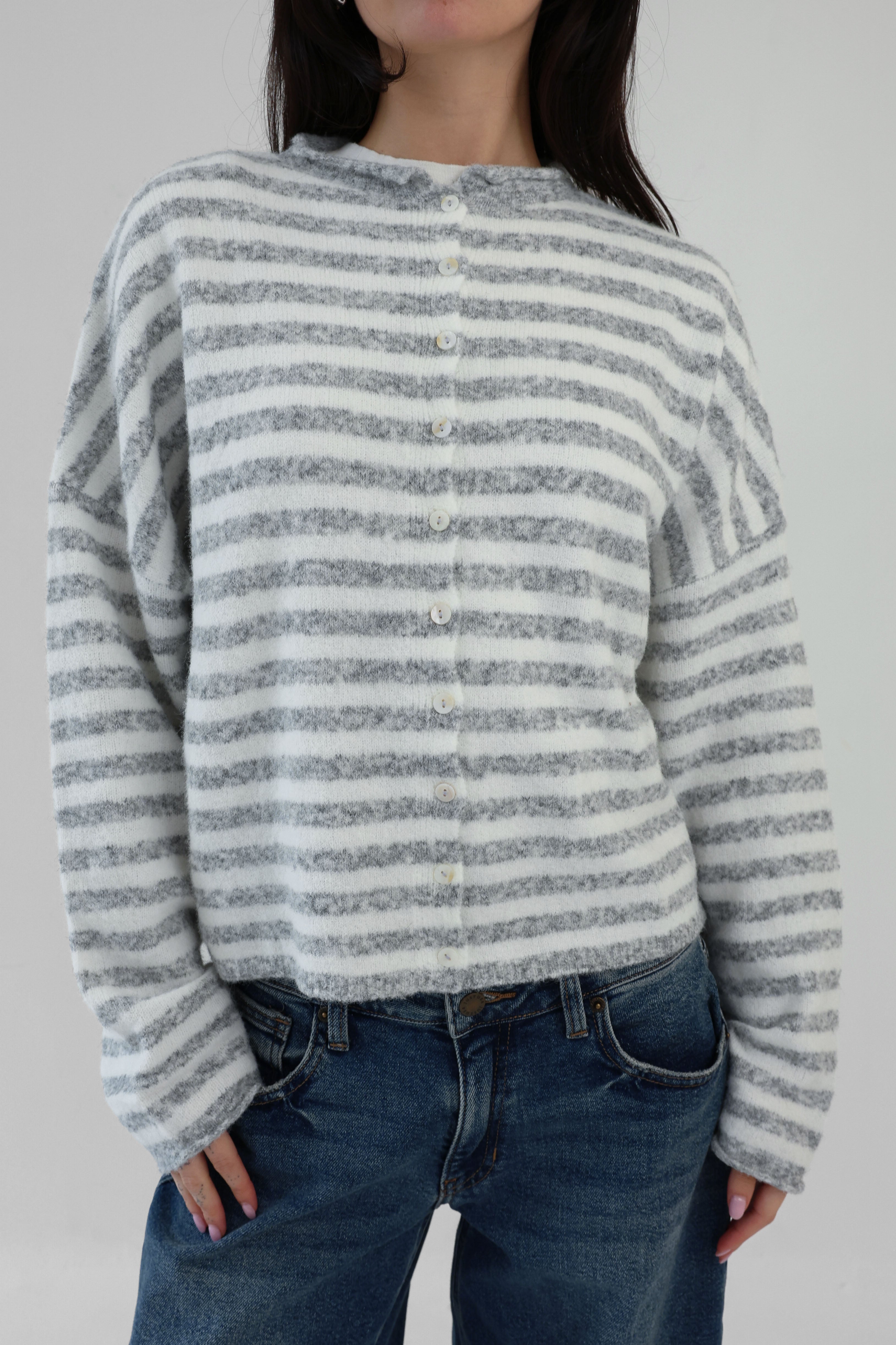 Phoebe Cardigan in Grey/White Stripe