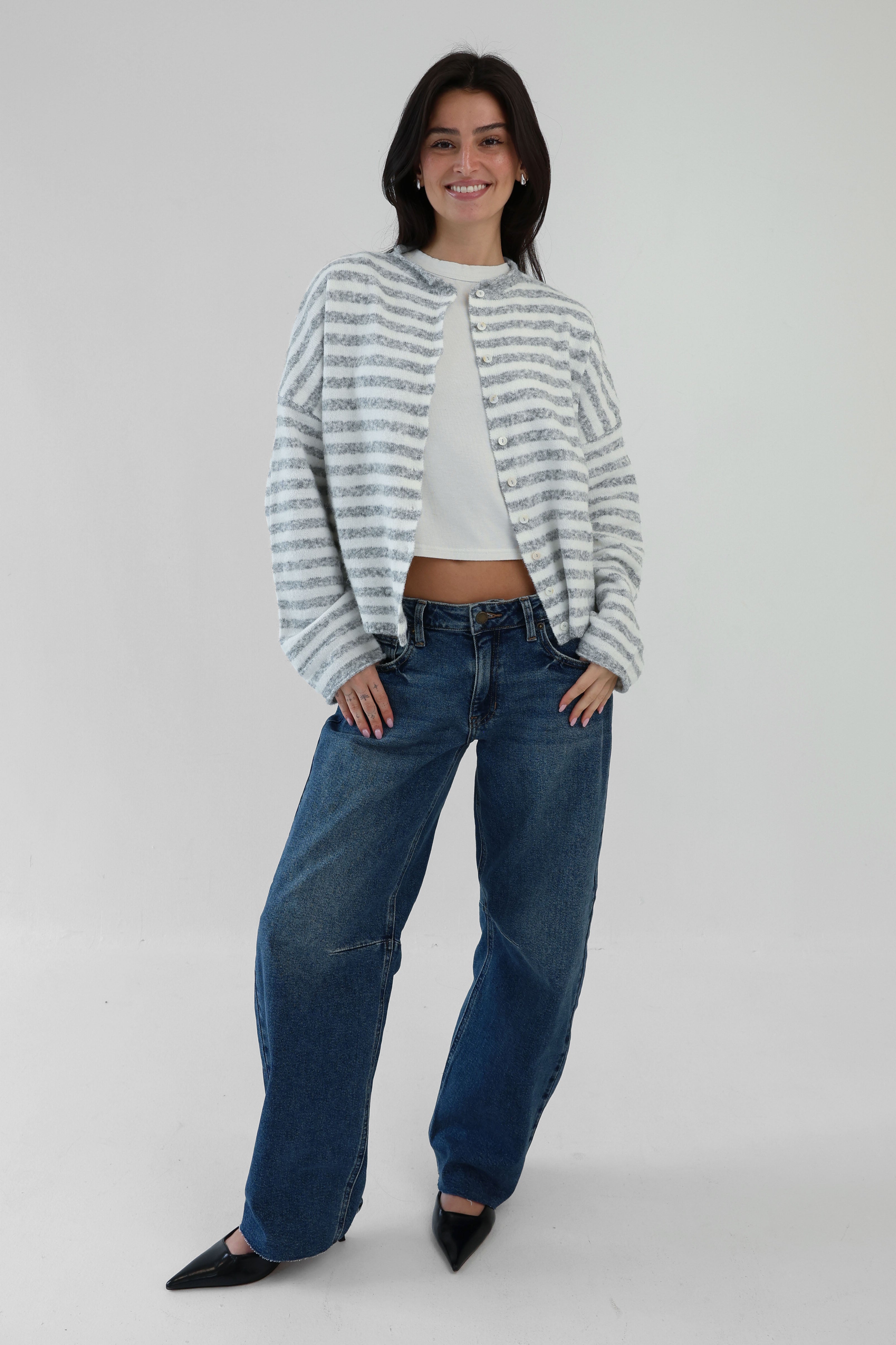 Phoebe Cardigan in Grey/White Stripe
