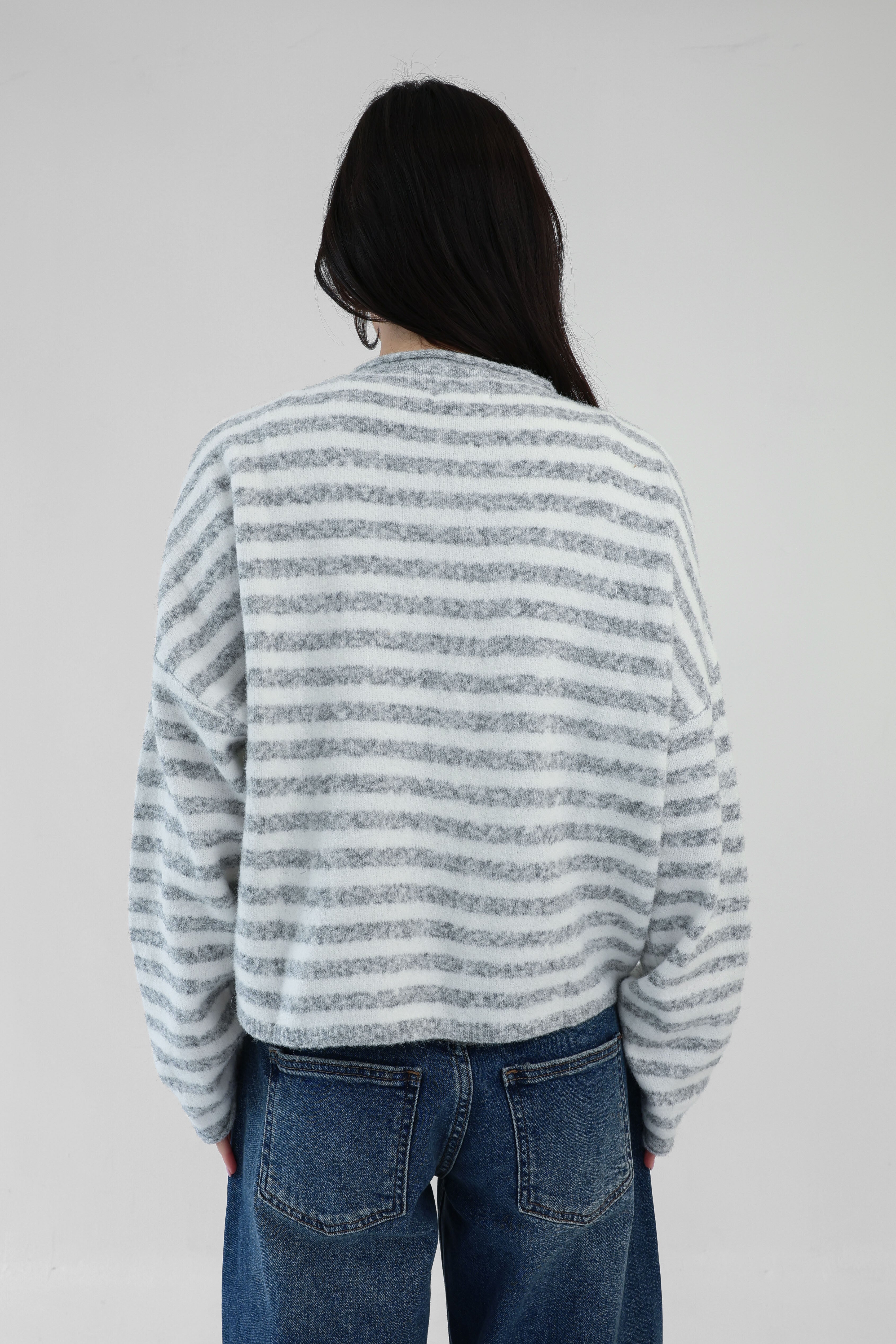 Phoebe Cardigan in Grey/White Stripe