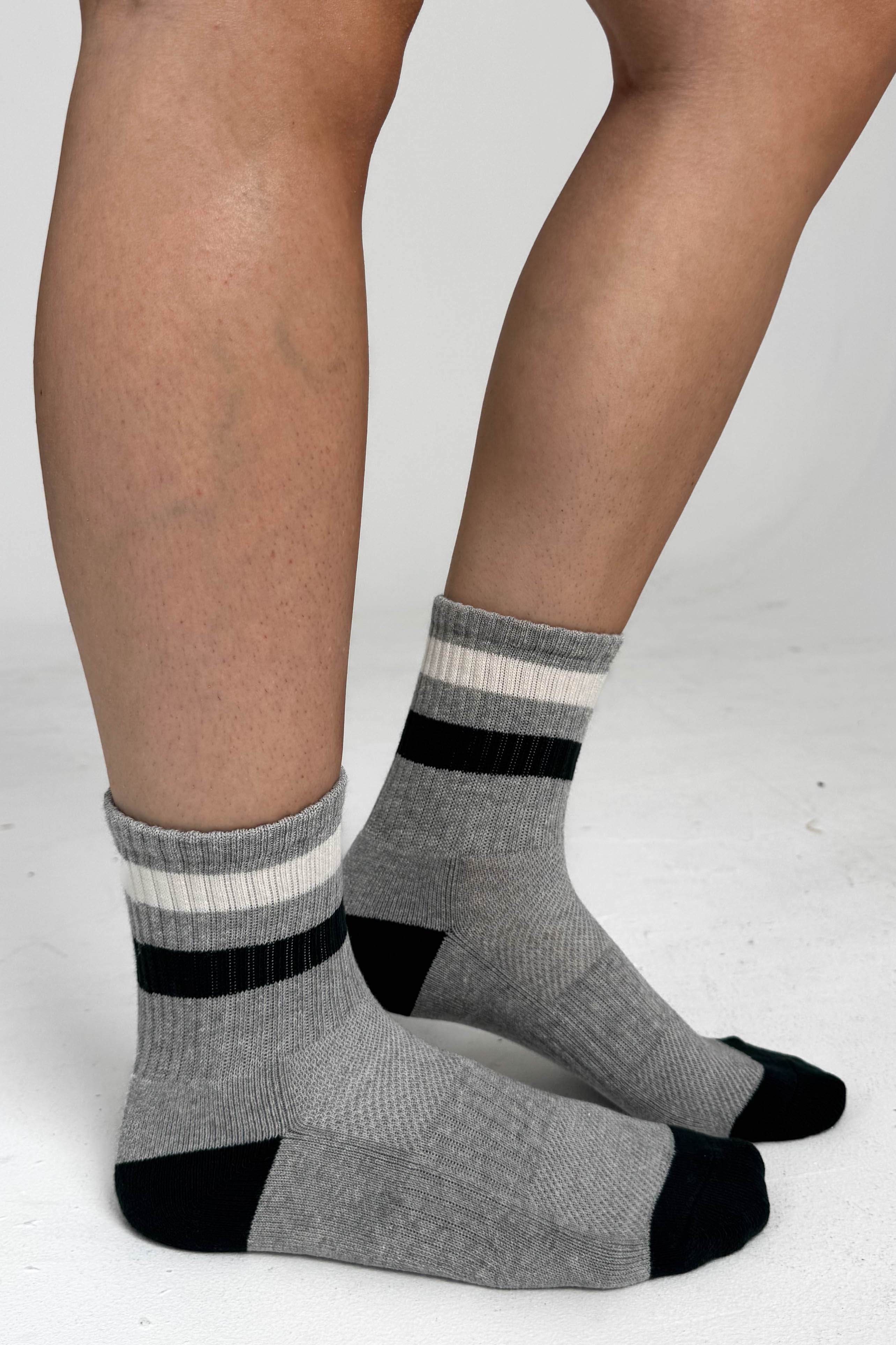 Grey Socks with Green and White Stripe Trim