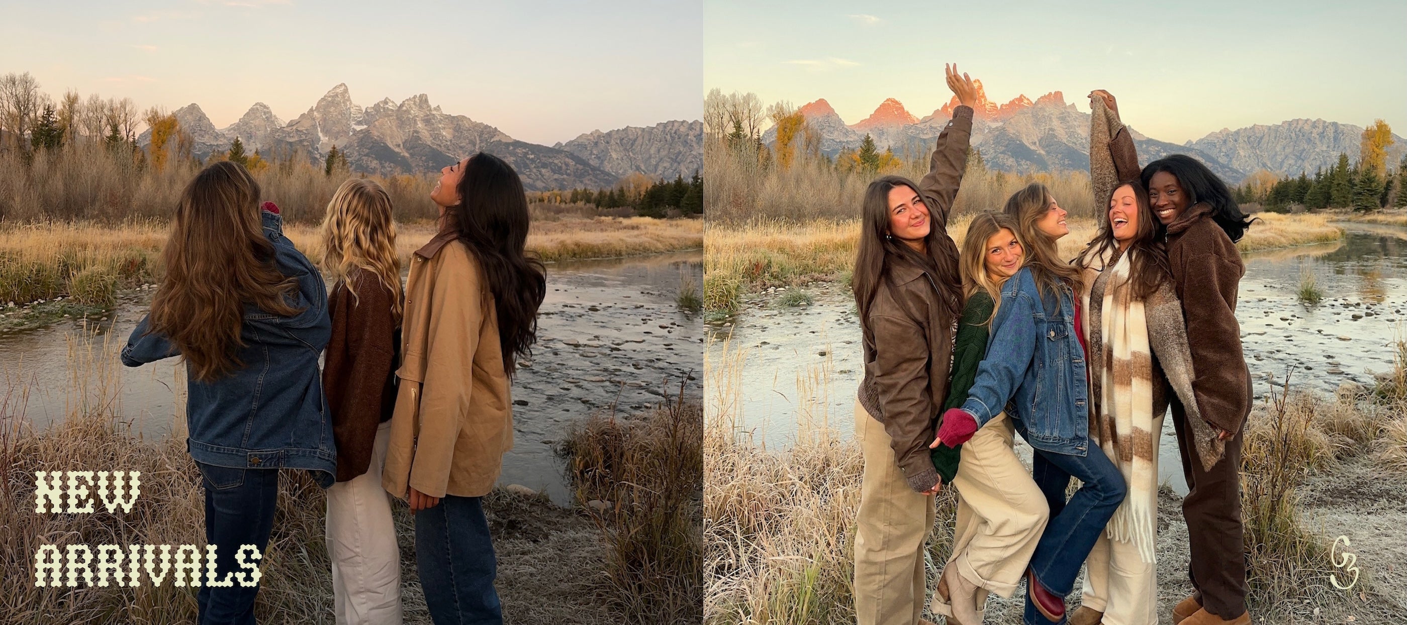 Two images of a group of people standing in a scenic outdoor setting with mountains in the background, with New Arrivals written on it.