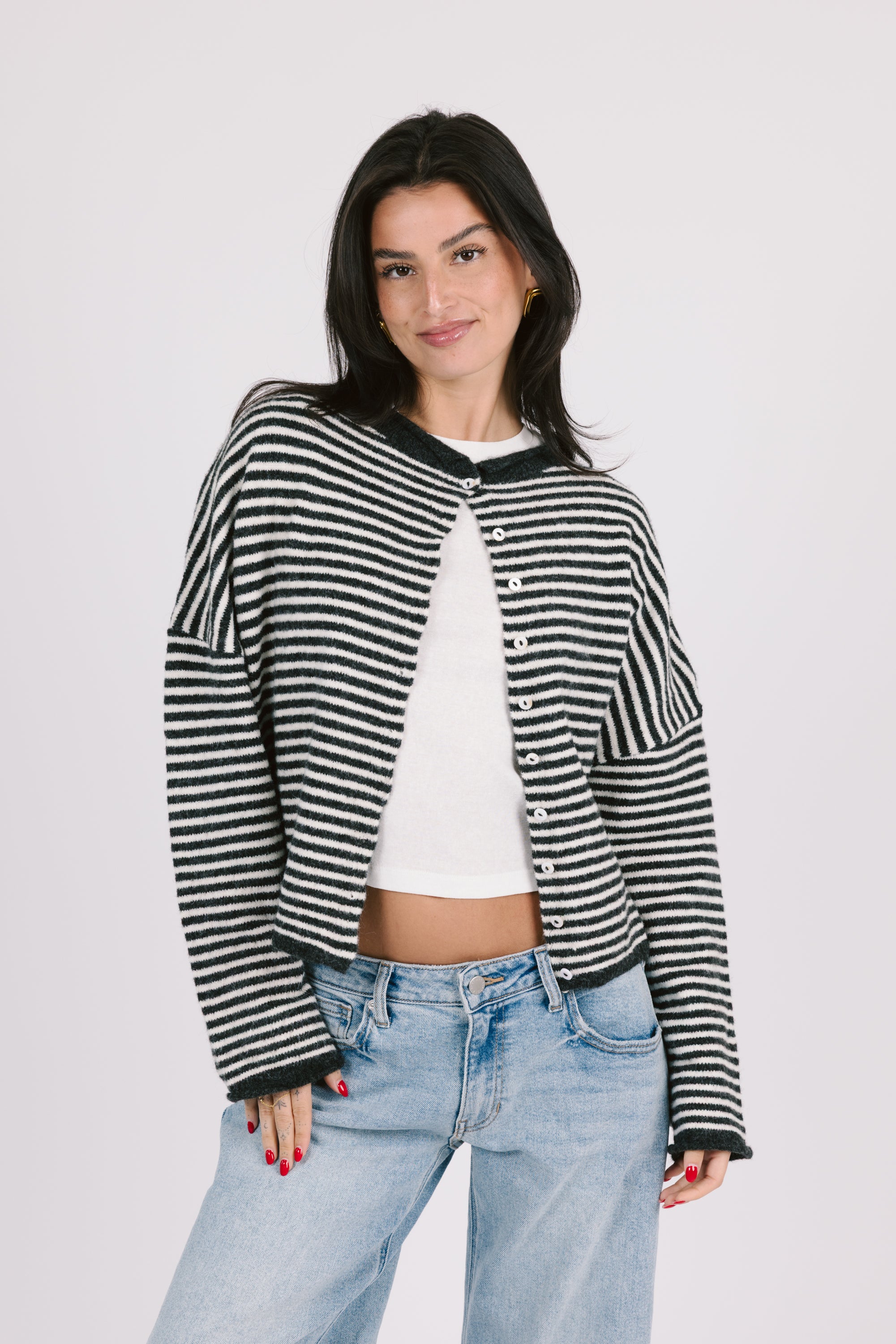 Phoebe Cardigan in Charcoal/White Stripe