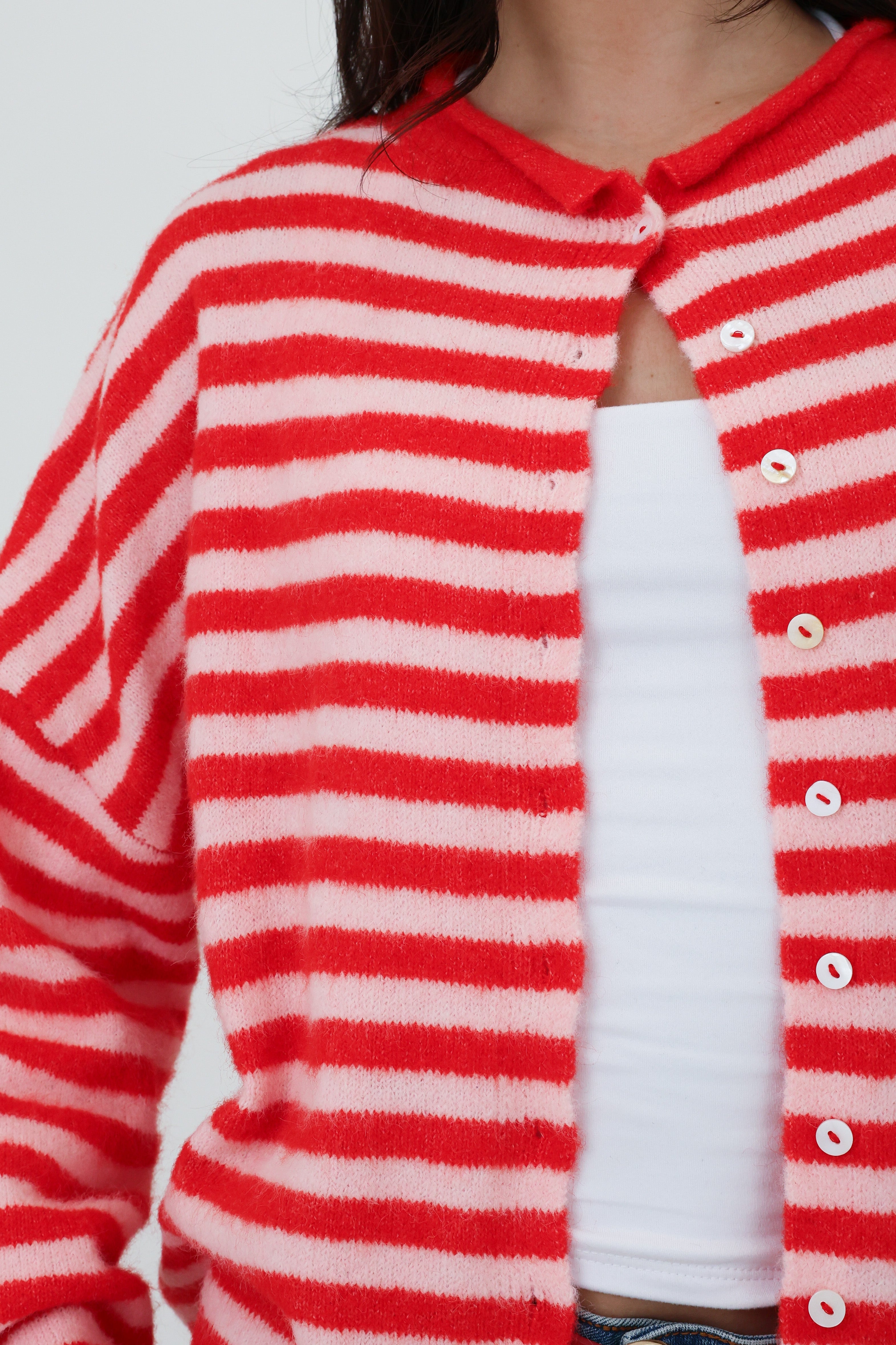 Phoebe Cardigan in Pink/Red Stripe