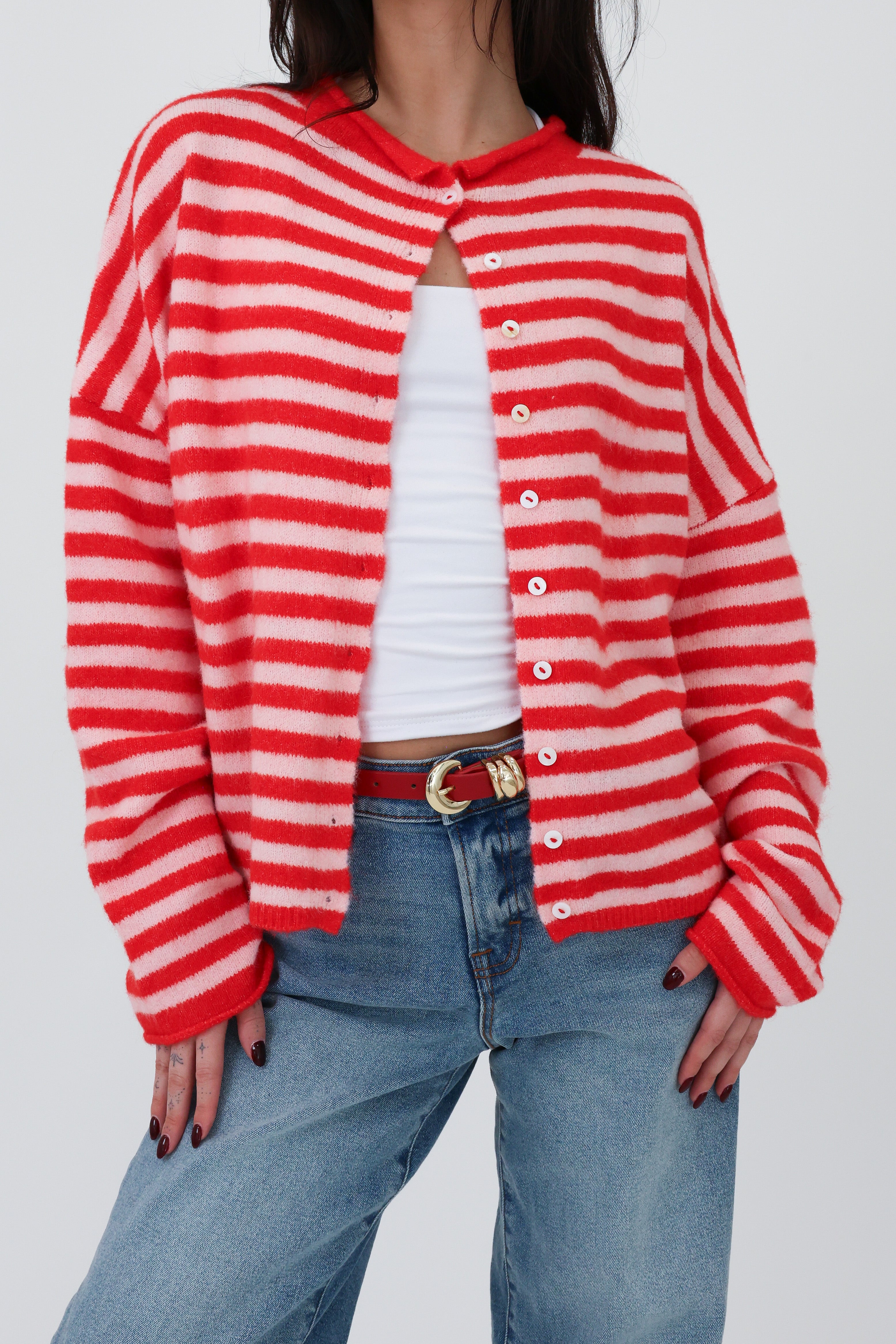 Phoebe Cardigan in Pink/Red Stripe